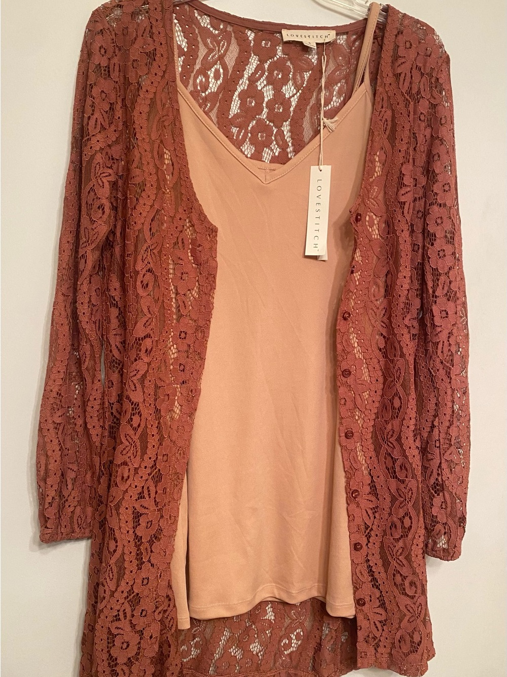 Lovestitch Boho Lace Long Cardigan & Camisole Set - Size Small- Dusty Rose color
